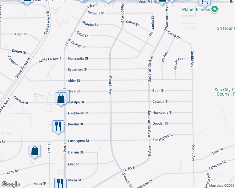 map of restaurants, bars, coffee shops, grocery stores, and more near 18021 Birch Street in Hesperia