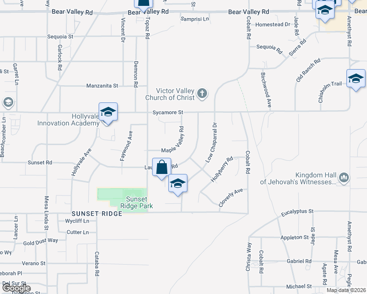 map of restaurants, bars, coffee shops, grocery stores, and more near 11572 Maple Valley Road in Victorville