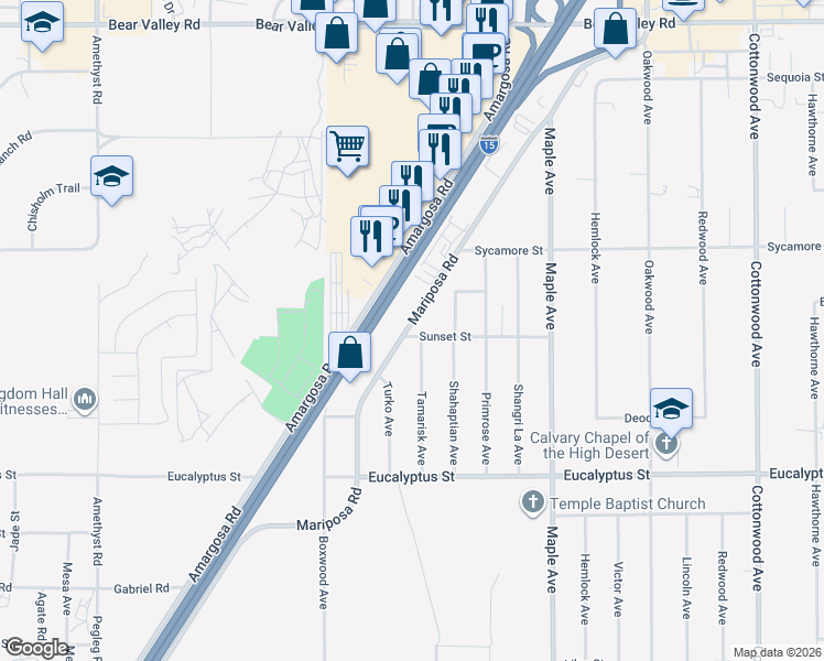 map of restaurants, bars, coffee shops, grocery stores, and more near 11605 Mariposa Road in Hesperia