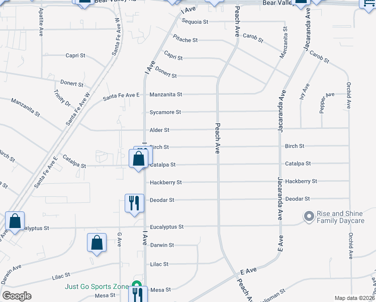 map of restaurants, bars, coffee shops, grocery stores, and more near 17863 Birch Street in Hesperia