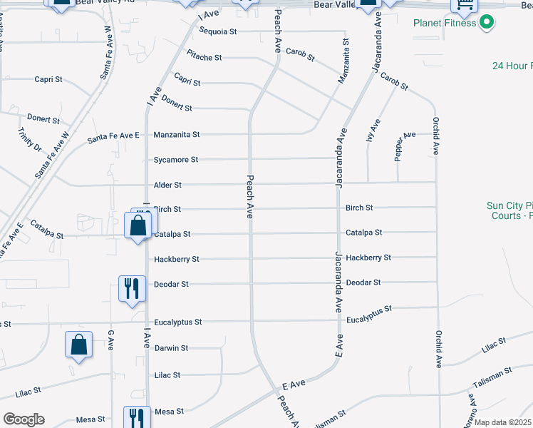 map of restaurants, bars, coffee shops, grocery stores, and more near 18021 Birch Street in Hesperia