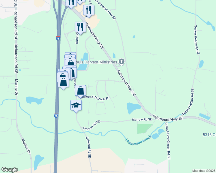 map of restaurants, bars, coffee shops, grocery stores, and more near 120 Blackwood Court Southeast in Calhoun