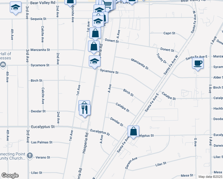 map of restaurants, bars, coffee shops, grocery stores, and more near 17045 Birch Street in Hesperia