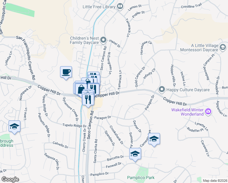 map of restaurants, bars, coffee shops, grocery stores, and more near 22617 Copper Hill Drive in Santa Clarita