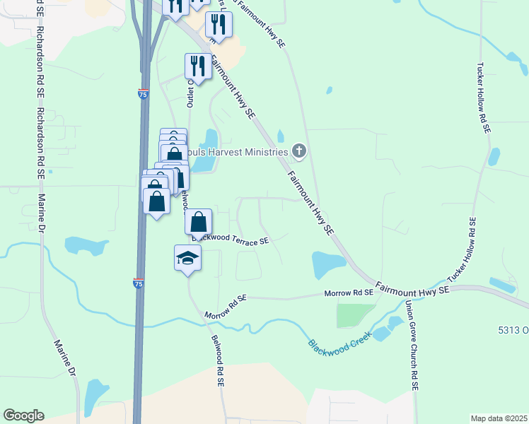 map of restaurants, bars, coffee shops, grocery stores, and more near 120 Blackwood Court Southeast in Calhoun