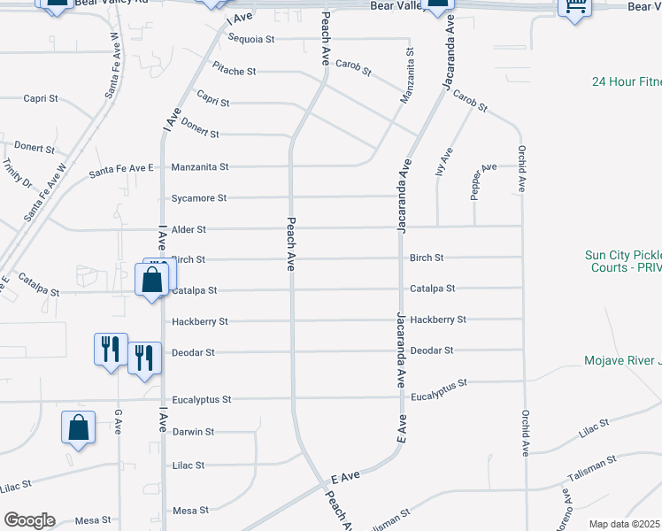 map of restaurants, bars, coffee shops, grocery stores, and more near 18067 Birch Street in Hesperia