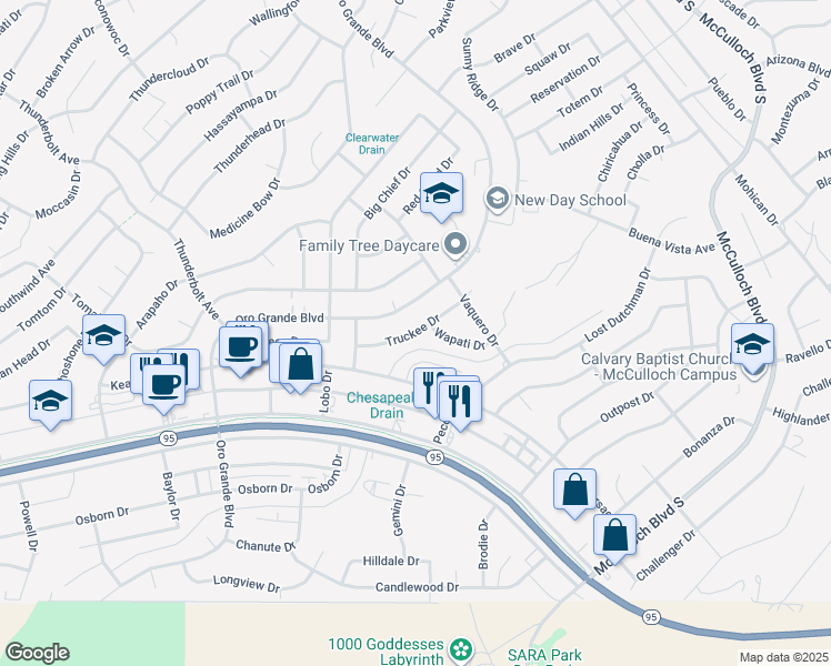 map of restaurants, bars, coffee shops, grocery stores, and more near 3433 Truckee Drive in Lake Havasu City
