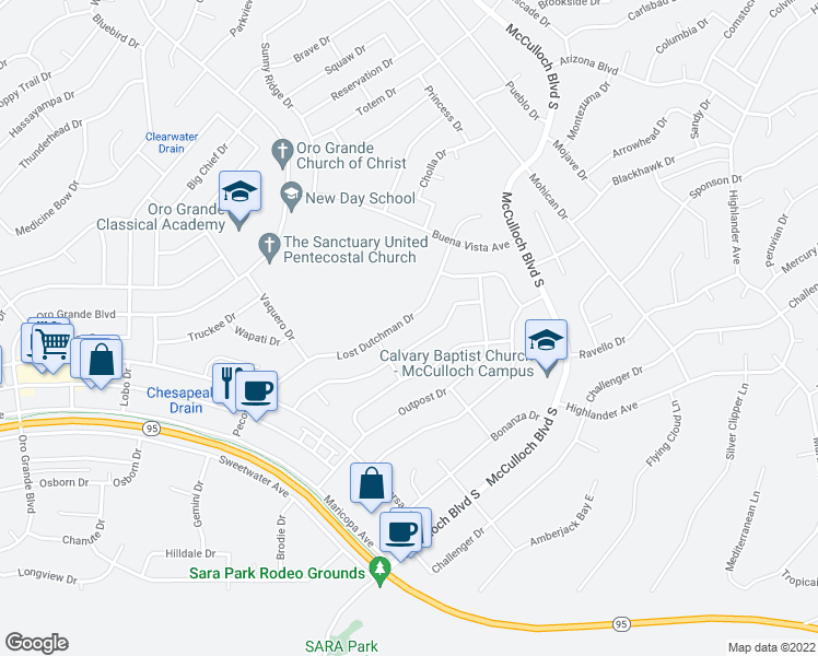 map of restaurants, bars, coffee shops, grocery stores, and more near 3660 Lost Dutchman Drive in Lake Havasu City