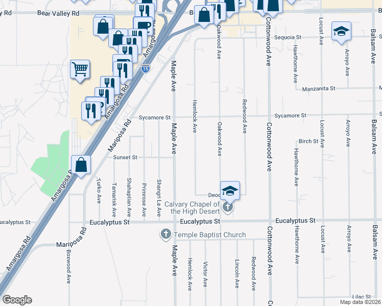 map of restaurants, bars, coffee shops, grocery stores, and more near 11558 Hemlock Avenue in Hesperia