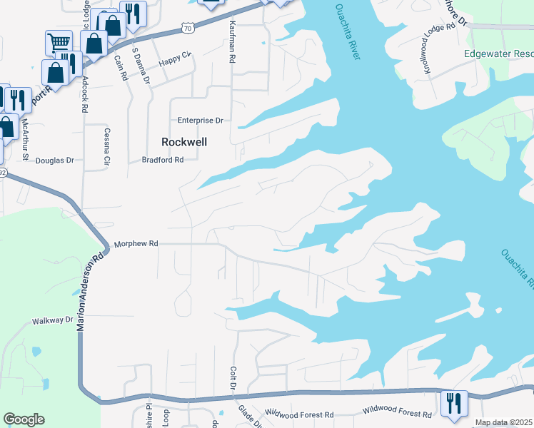 map of restaurants, bars, coffee shops, grocery stores, and more near 21 Stonegate Shores Drive in Hot Springs