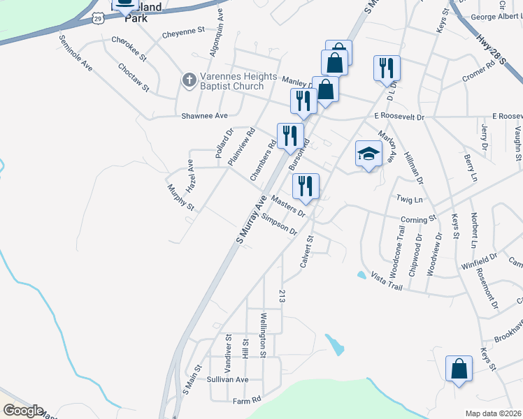 map of restaurants, bars, coffee shops, grocery stores, and more near 304 Simpson Drive in Anderson