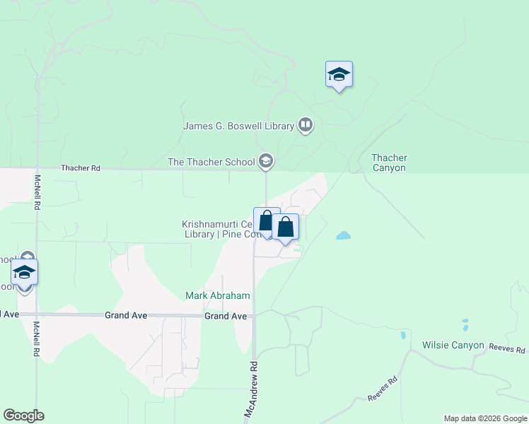 map of restaurants, bars, coffee shops, grocery stores, and more near 1314 McAndrew Road in Ojai