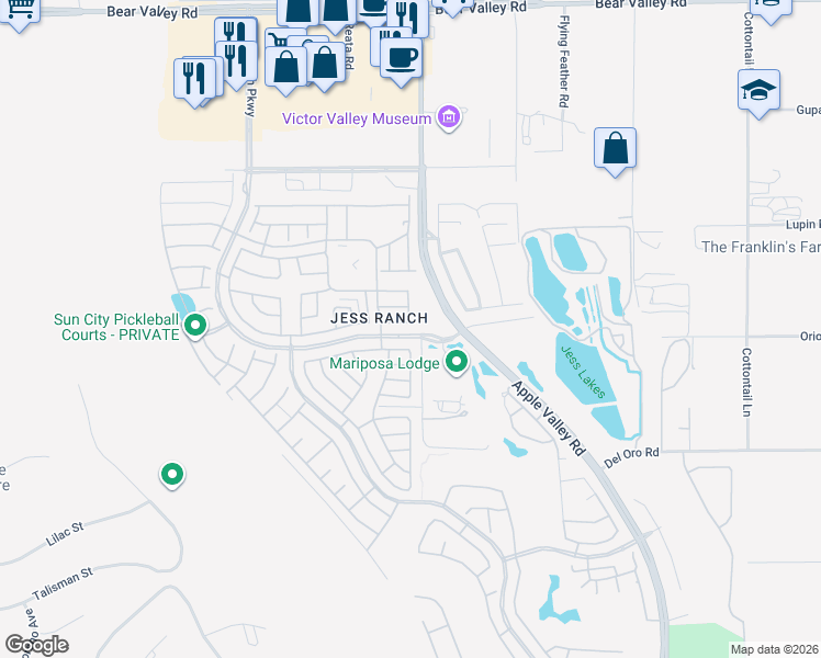 map of restaurants, bars, coffee shops, grocery stores, and more near 19274 Olive Way in Apple Valley