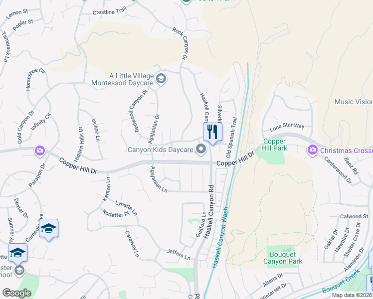 map of restaurants, bars, coffee shops, grocery stores, and more near 21644 Rose Canyon Lane in Santa Clarita