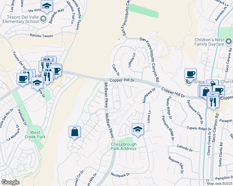 map of restaurants, bars, coffee shops, grocery stores, and more near 28265 Canterbury Court in Santa Clarita