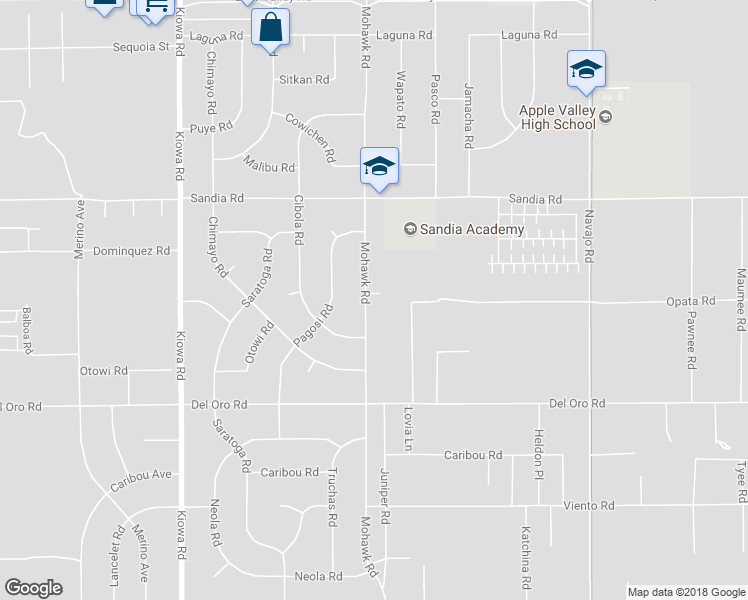 map of restaurants, bars, coffee shops, grocery stores, and more near 11501 Mohawk Road in Apple Valley