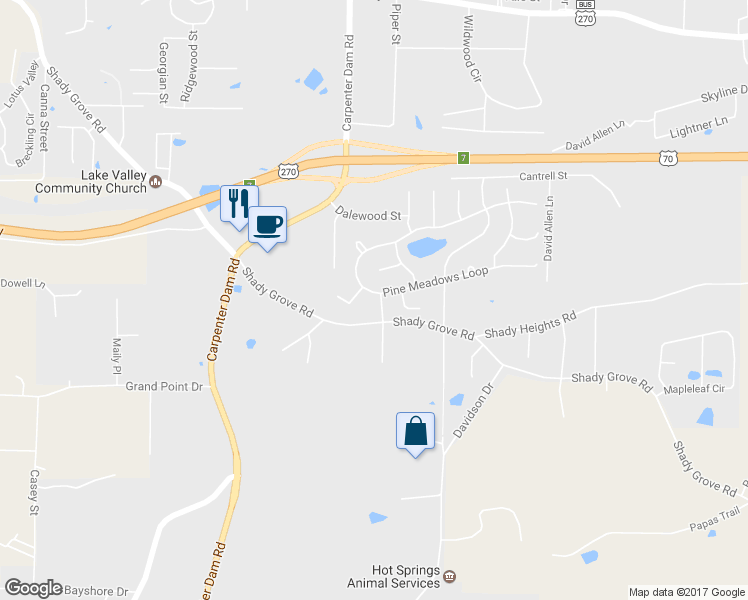 map of restaurants, bars, coffee shops, grocery stores, and more near 105 Pine Meadows Loop in Hot Springs