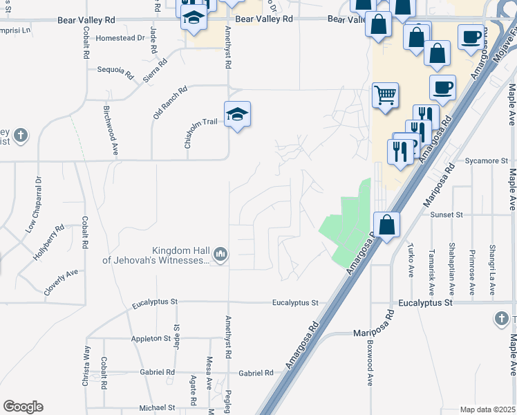 map of restaurants, bars, coffee shops, grocery stores, and more near 11520 Ferro Street in Victorville