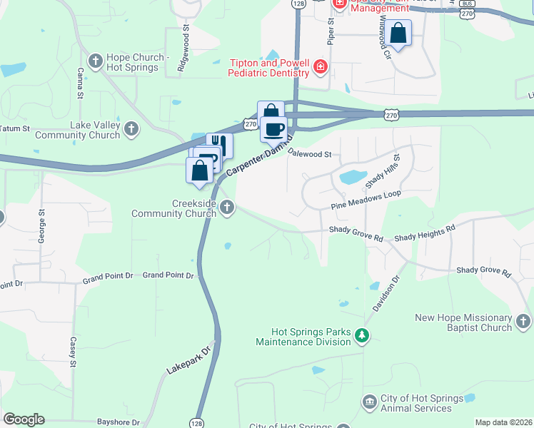map of restaurants, bars, coffee shops, grocery stores, and more near 1041 Shady Grove Road in Hot Springs
