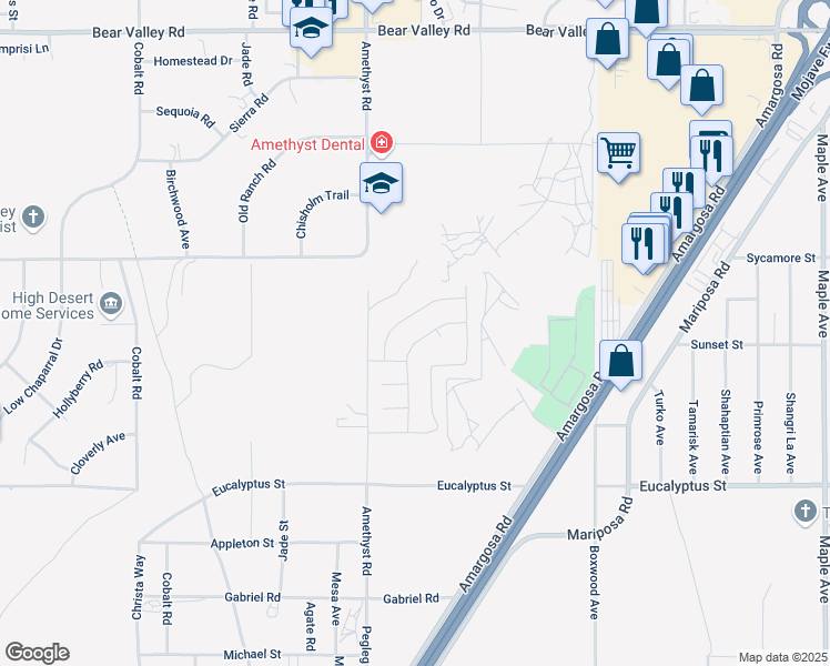 map of restaurants, bars, coffee shops, grocery stores, and more near 11520 Ferro Street in Victorville