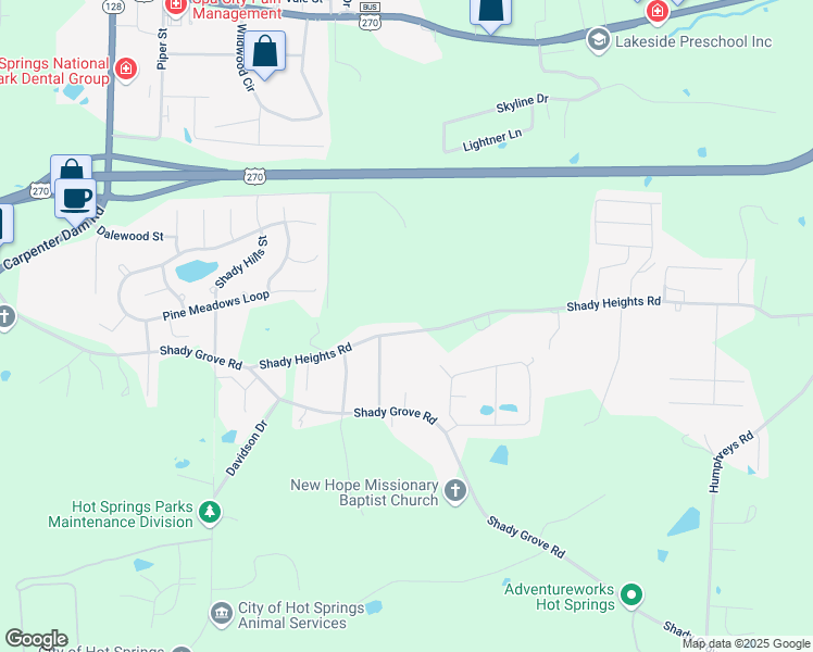 map of restaurants, bars, coffee shops, grocery stores, and more near 247 Shady Heights Road in Hot Springs