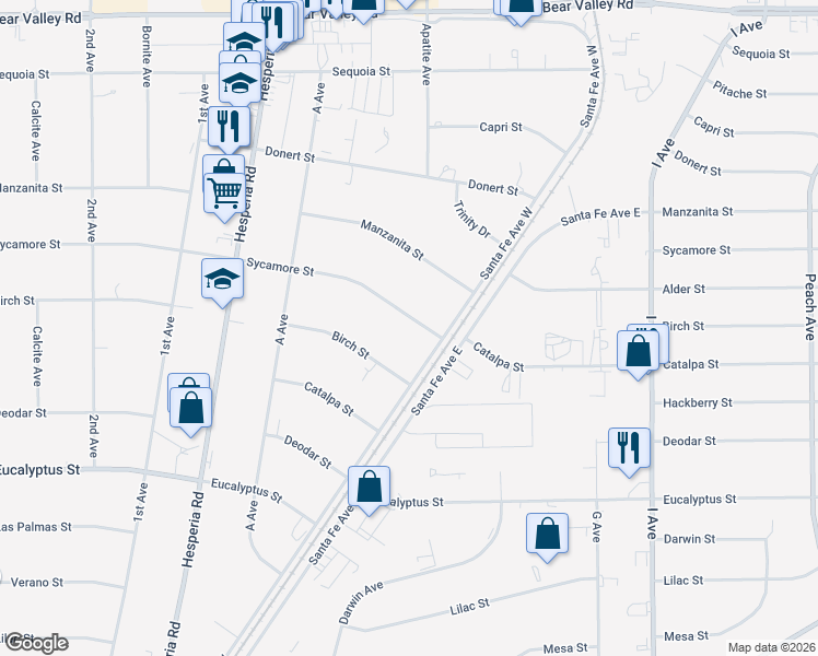 map of restaurants, bars, coffee shops, grocery stores, and more near 17267 Sycamore Street in Hesperia