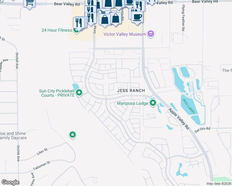 map of restaurants, bars, coffee shops, grocery stores, and more near 19146 Oak Street in Apple Valley