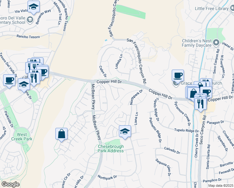 map of restaurants, bars, coffee shops, grocery stores, and more near 28195 Ashbrook Lane in Santa Clarita