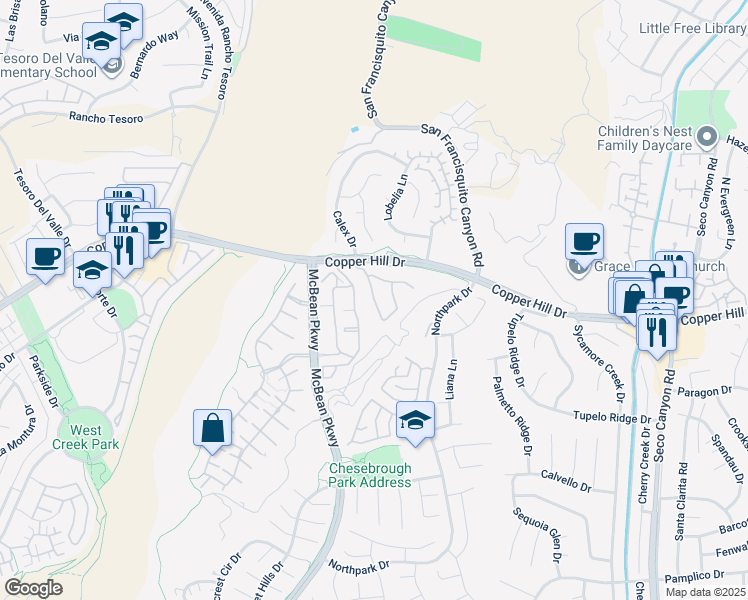 map of restaurants, bars, coffee shops, grocery stores, and more near 28226 Canterbury Court in Santa Clarita