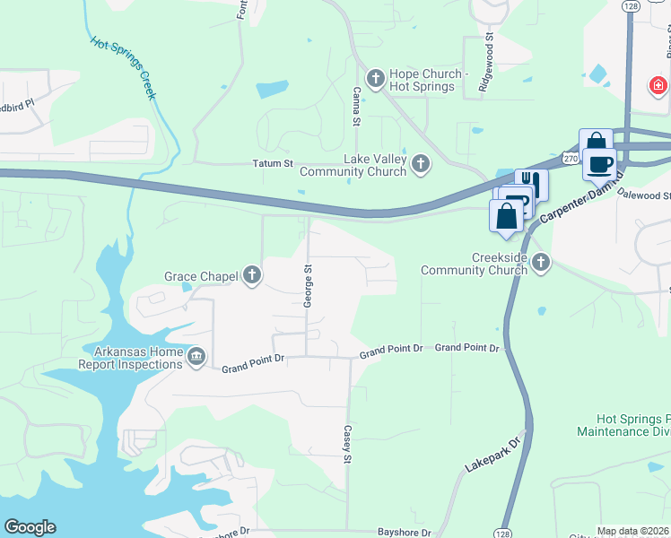 map of restaurants, bars, coffee shops, grocery stores, and more near 130 Dowell Lane in Hot Springs