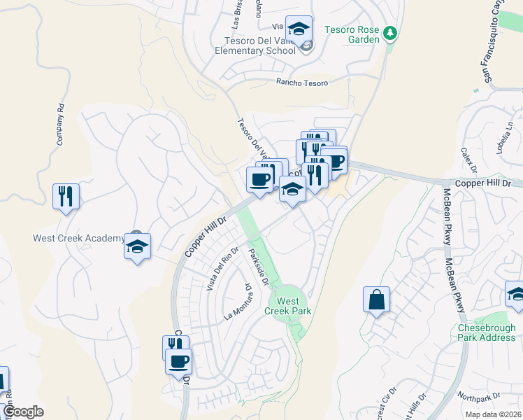 map of restaurants, bars, coffee shops, grocery stores, and more near 24070 Copper Hill Drive in Santa Clarita
