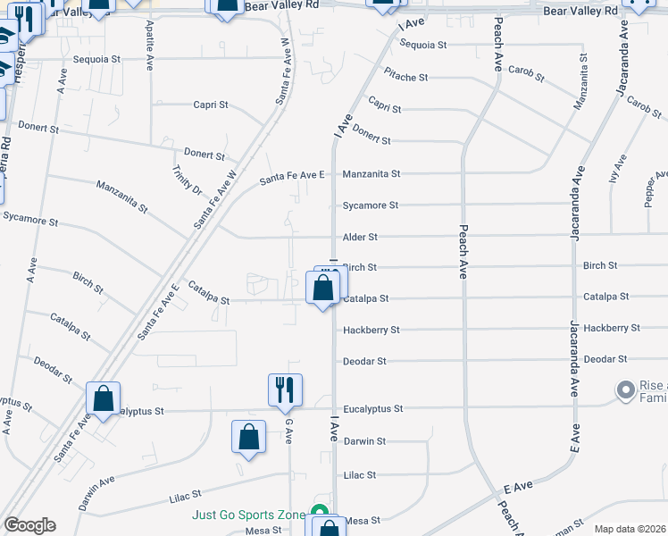 map of restaurants, bars, coffee shops, grocery stores, and more near Birch Street in Hesperia