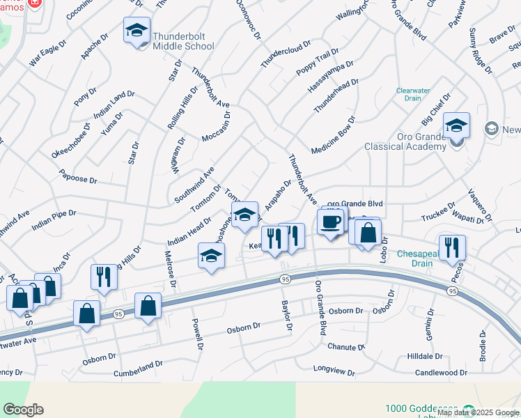 map of restaurants, bars, coffee shops, grocery stores, and more near 3155 Arapaho Drive in Lake Havasu City