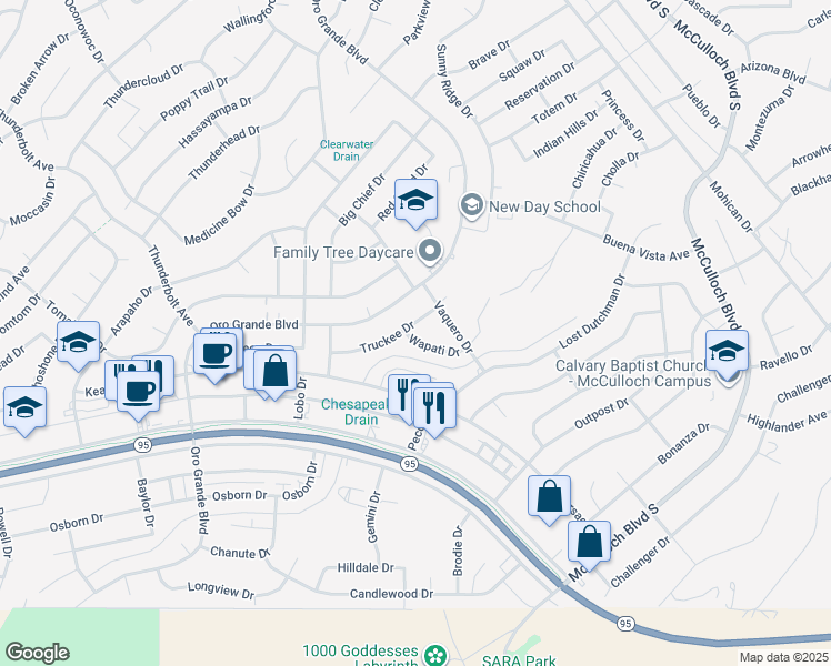map of restaurants, bars, coffee shops, grocery stores, and more near 3470 Truckee Drive in Lake Havasu City