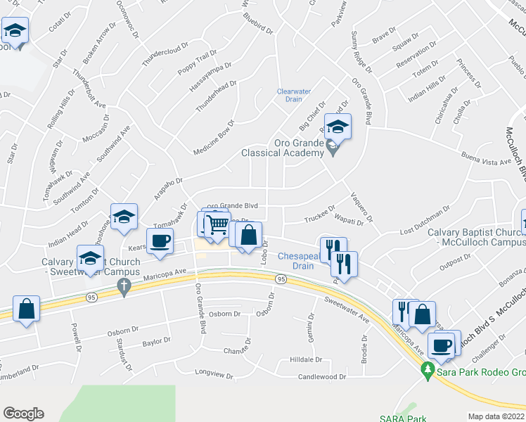 map of restaurants, bars, coffee shops, grocery stores, and more near 3315 Mockingbird Drive in Lake Havasu City
