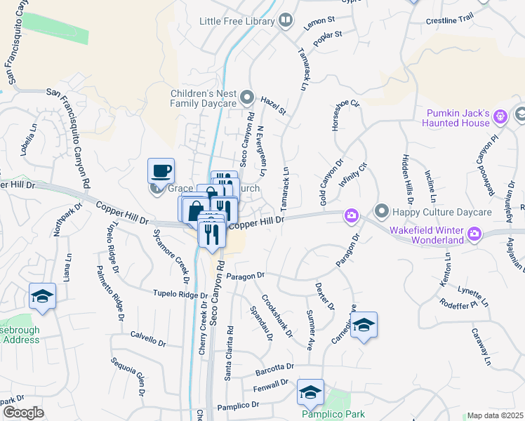 map of restaurants, bars, coffee shops, grocery stores, and more near 22617 Copper Hill Drive in Santa Clarita