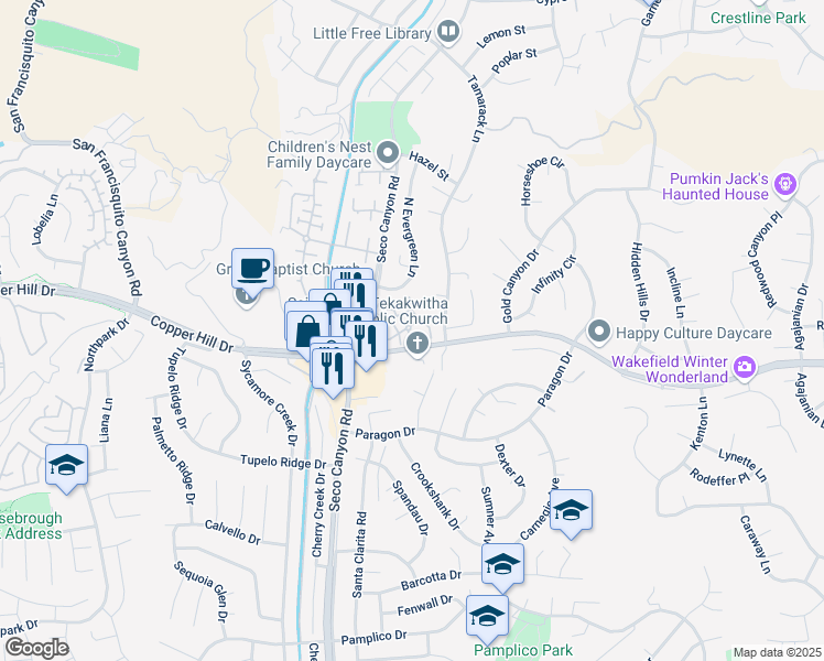 map of restaurants, bars, coffee shops, grocery stores, and more near 22707 Copper Hill Drive in Santa Clarita