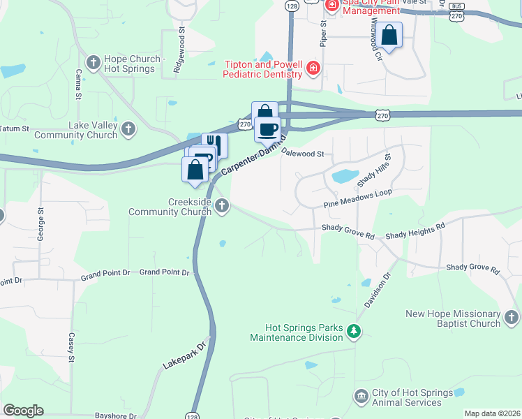map of restaurants, bars, coffee shops, grocery stores, and more near 1041 Shady Grove Road in Hot Springs
