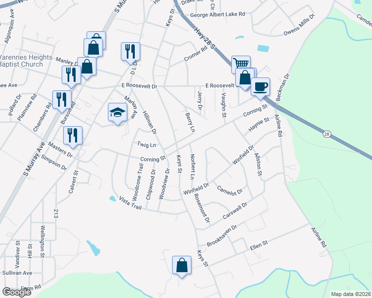 map of restaurants, bars, coffee shops, grocery stores, and more near 306 Corning Street in Anderson
