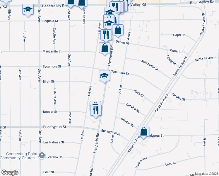map of restaurants, bars, coffee shops, grocery stores, and more near 11563 Hesperia Road in Hesperia