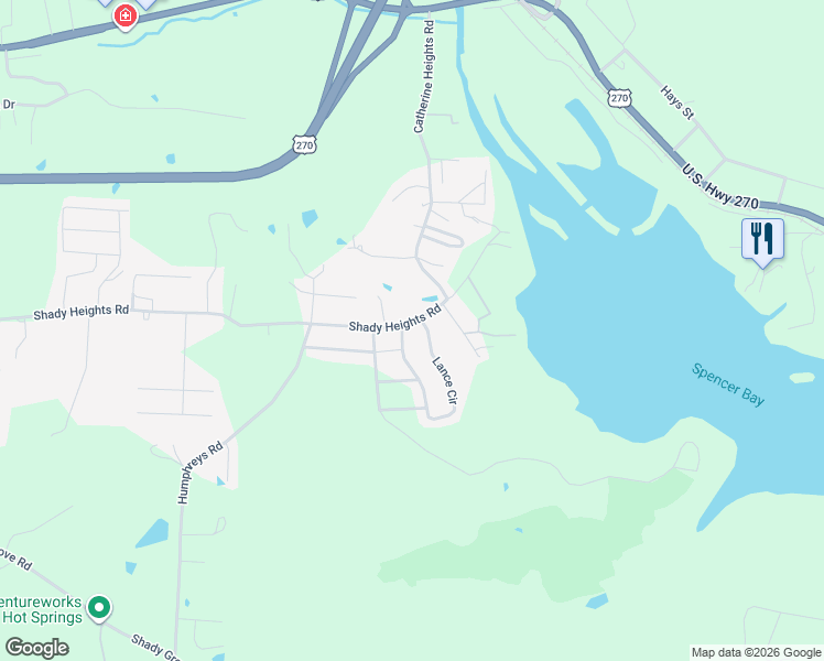 map of restaurants, bars, coffee shops, grocery stores, and more near 812 Shady Heights Road in Hot Springs