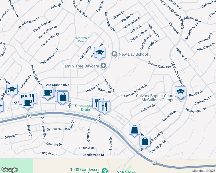 map of restaurants, bars, coffee shops, grocery stores, and more near 1341 Vaquero Drive in Lake Havasu City