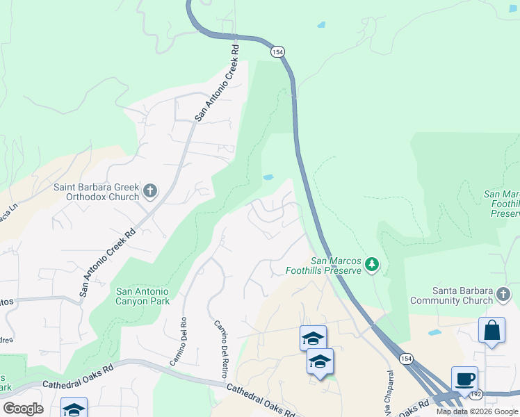 map of restaurants, bars, coffee shops, grocery stores, and more near 4455 Shadow Hills Boulevard North in Santa Barbara