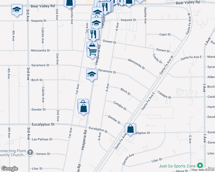 map of restaurants, bars, coffee shops, grocery stores, and more near A Avenue in Hesperia