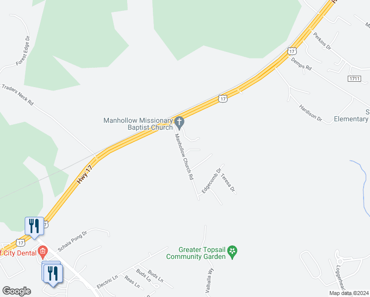 map of restaurants, bars, coffee shops, grocery stores, and more near 141 Manhollow Church Road in Hampstead