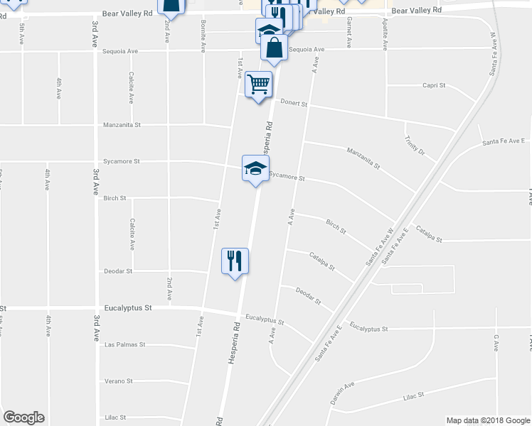 map of restaurants, bars, coffee shops, grocery stores, and more near 11563 Hesperia Road in Hesperia