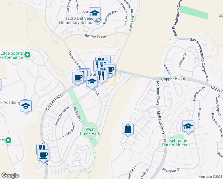 map of restaurants, bars, coffee shops, grocery stores, and more near 23919 Brescia Drive in Santa Clarita