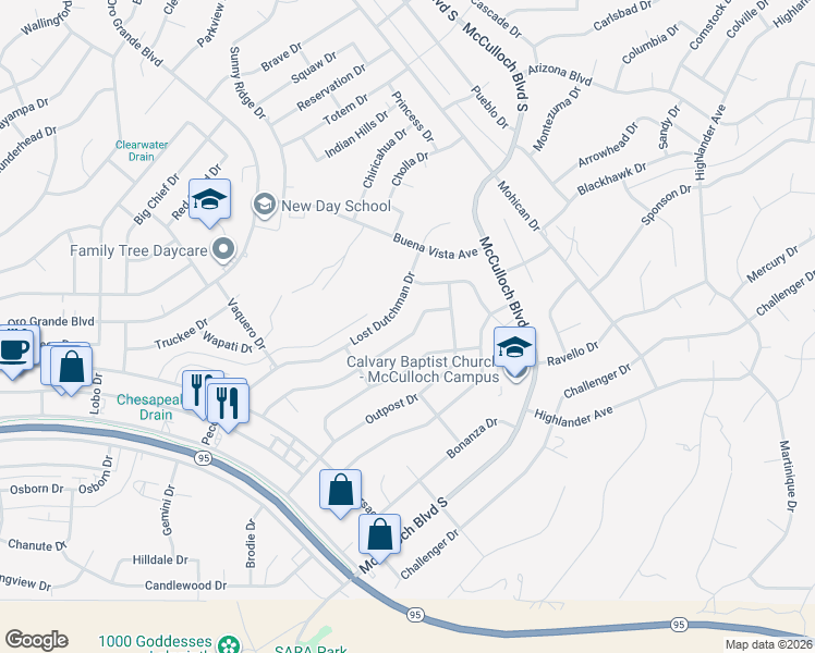 map of restaurants, bars, coffee shops, grocery stores, and more near 3690 Lost Dutchman Drive in Lake Havasu City