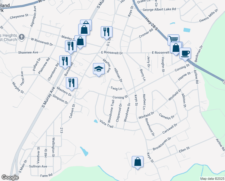 map of restaurants, bars, coffee shops, grocery stores, and more near 206 Twig Lane in Anderson