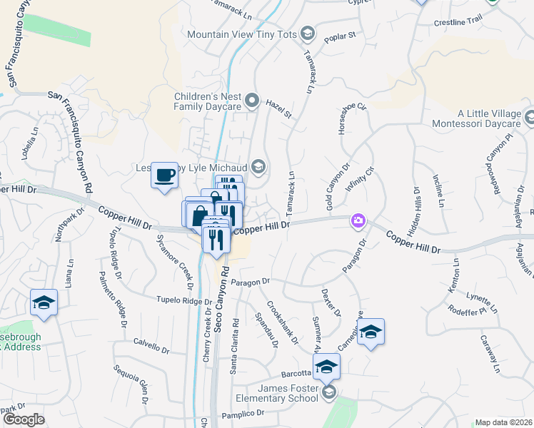 map of restaurants, bars, coffee shops, grocery stores, and more near 22701 Copper Hill Drive in Santa Clarita